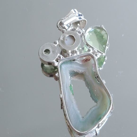 Green Druzy Geode Pendant, Sterling Silver Gemstone Necklace, Prehnite and Pearl - Picture 6 of 10